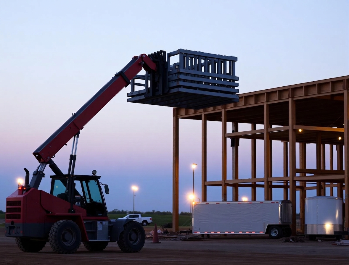 Telehandler lifting framing material at a commercial construction site at dusk