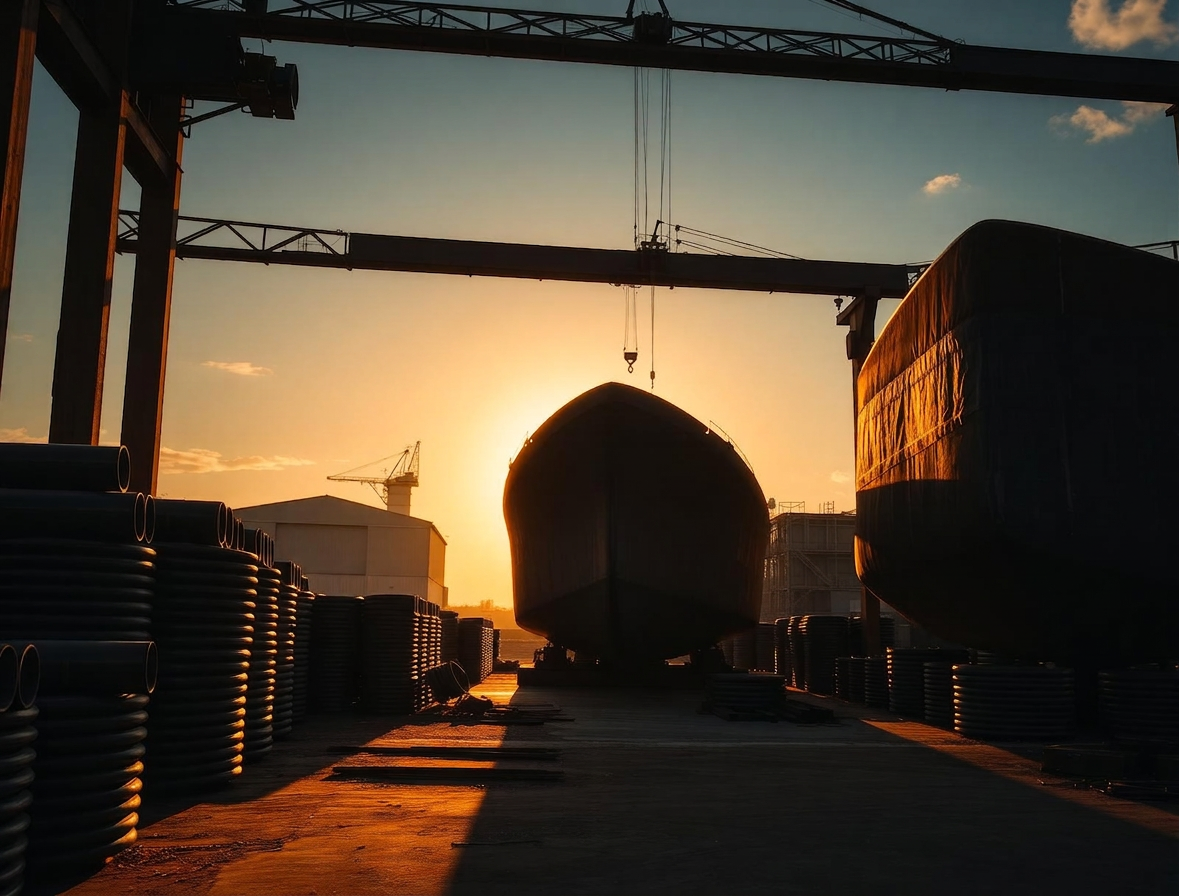 Steel hull section and stacked pipe spools at a Louisiana fabrication yard at golden hour