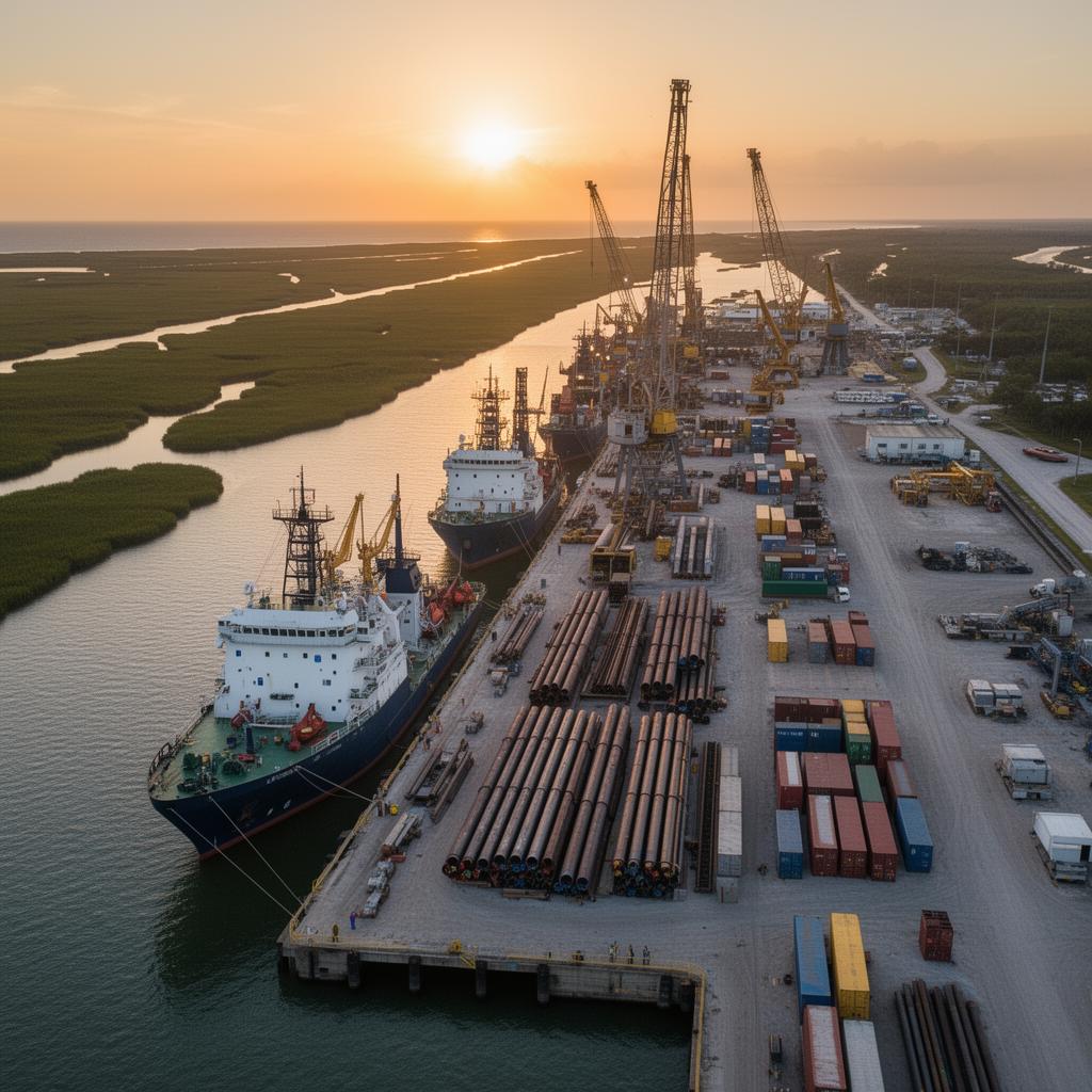 Industrial supply base at Port Fourchon at blue hour
