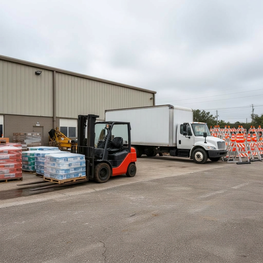 Municipal public works yard with forklifts and stacked pallets behind a chain-link fence at dawn