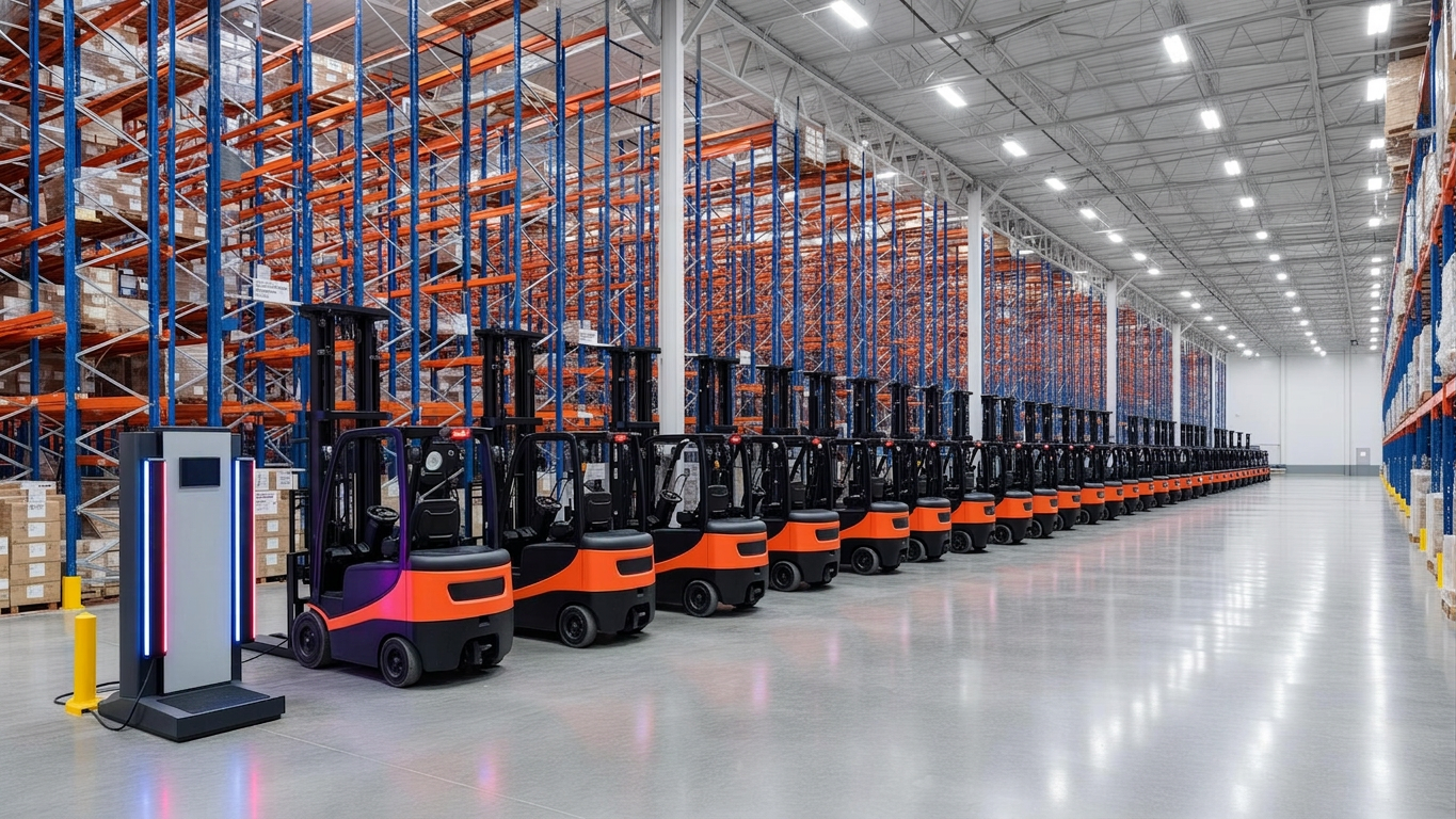 Modern warehouse with a row of electric forklifts at charging stations