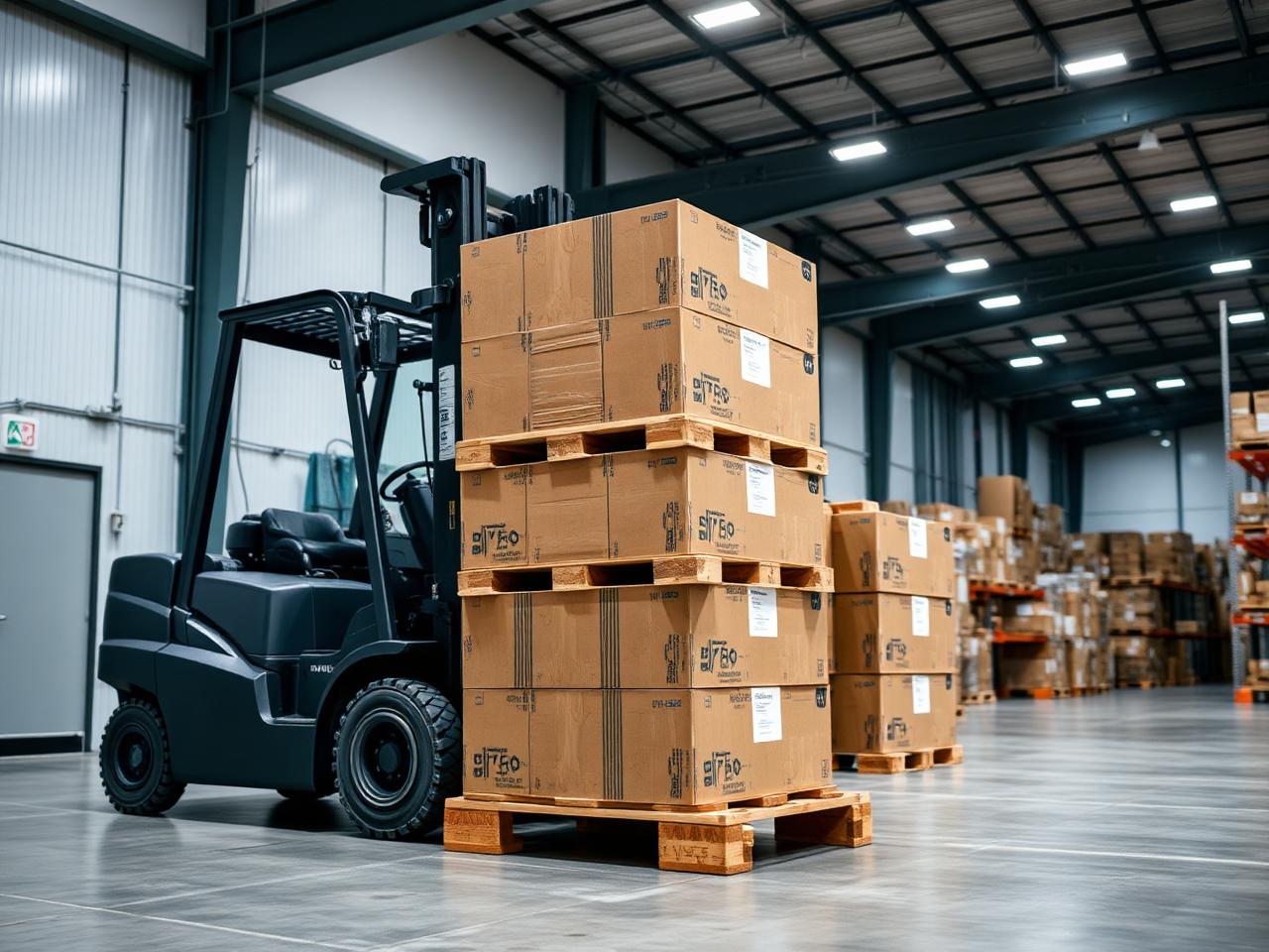 Industrial forklift lifting a pallet of boxes inside a warehouse