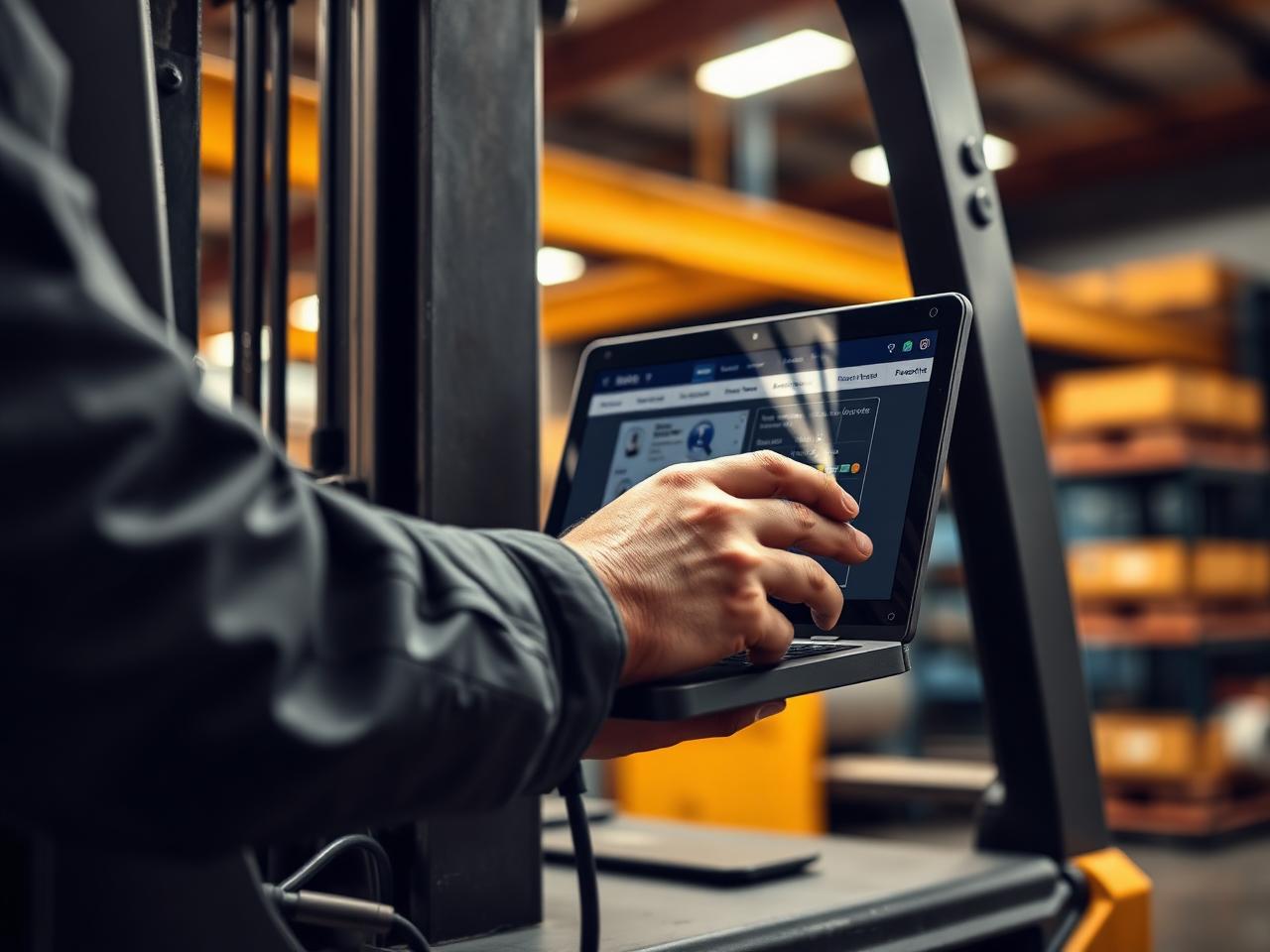 Bolton technician running a diagnostic laptop on a forklift in the Thibodaux service bay