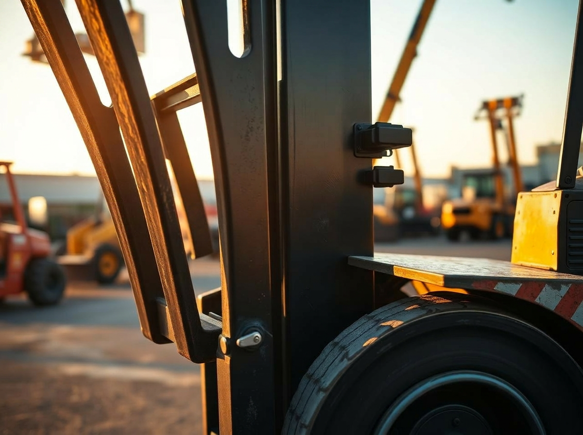 Close-up of forklift forks and carriage in the Bolton Equipment yard at golden hour