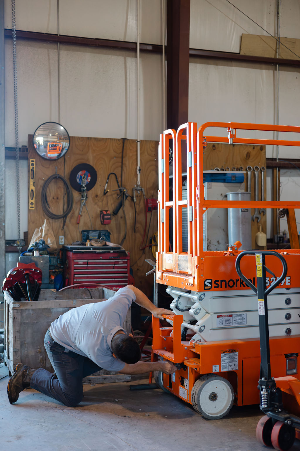 Snorkel scissor lift at the Bolton Equipment Services shop in Thibodaux