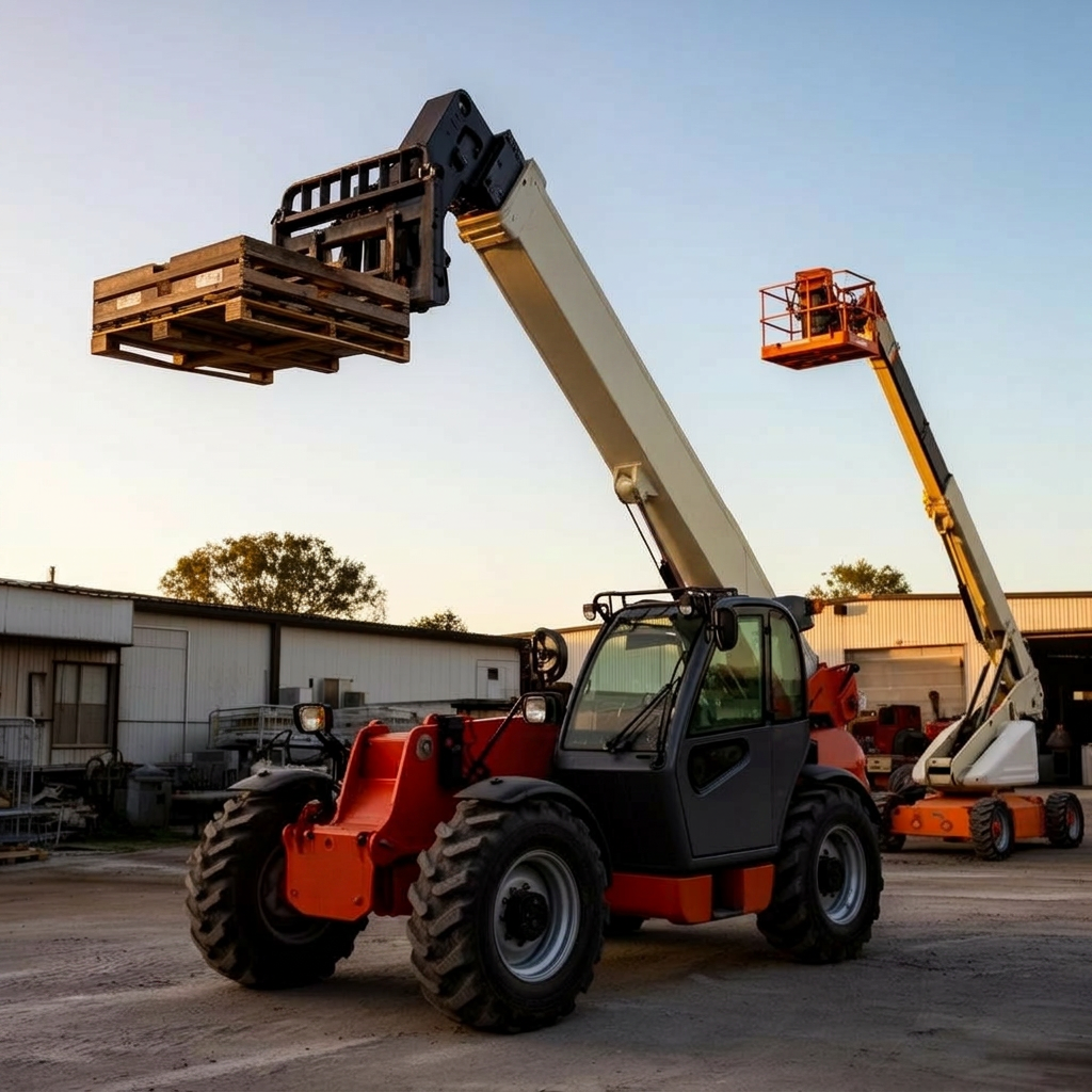 Telehandler lifting a pallet with an articulating aerial boom lift in the background at a South Louisiana equipment yard
